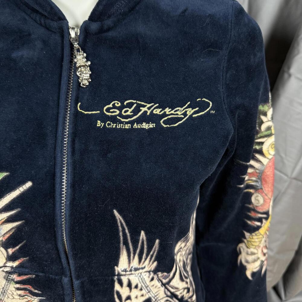 Ed Hardy Women's Black Velvour Zip-Up Hoodie with Tattoo Embroidery - Picture 2 of 9